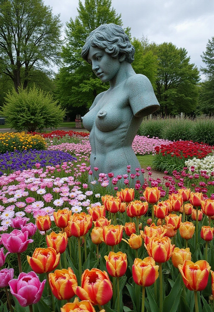 25+ Flower Garden Ideas in Front of House That Add Instant Curb Appeal - 17. Garden Sculptures with Flowers