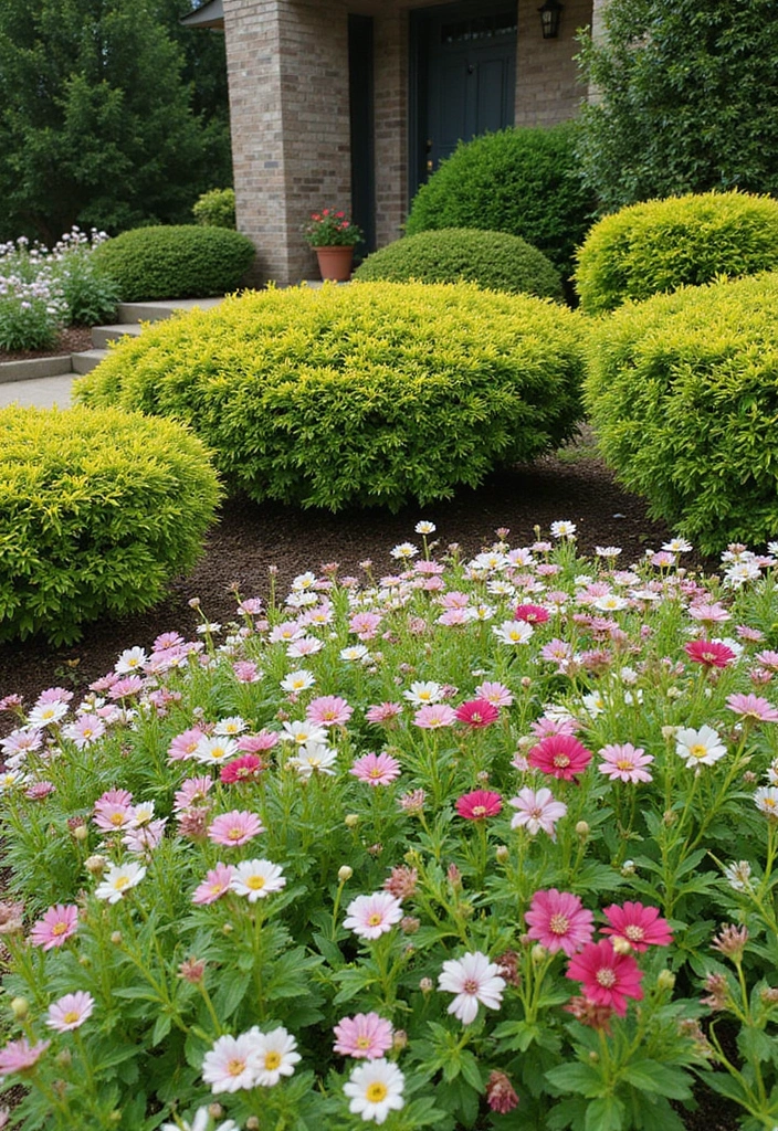 25+ Flower Garden Ideas in Front of House That Add Instant Curb Appeal - 25. Flowering Shrubs for Structure