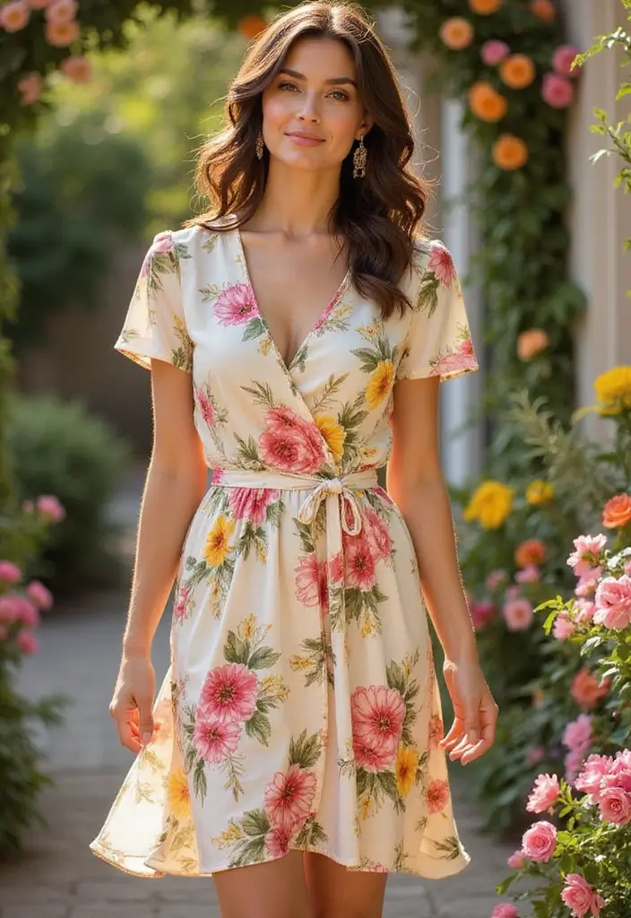 25 Garden Party Wedding Outfit Guest Ideas That Impress - 14. Feminine Wrap Dress for Effortless Style