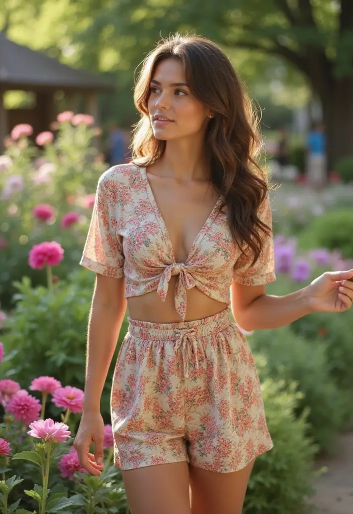 25 Garden Party Wedding Outfit Guest Ideas That Impress - 5. Playful Shorts and a Matching Wrap Top