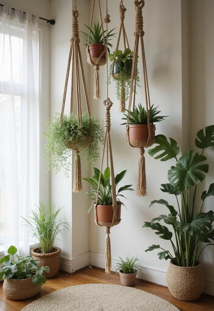 25 Mini Garden Ideas for Small Spaces Full of Charm - 13. Macramé Plant Hangers