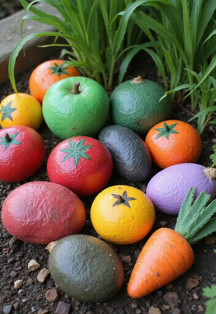 25 Rock Painting Ideas for Garden That Bring Life to Your Yard - 12. Fruit and Veggie Fun