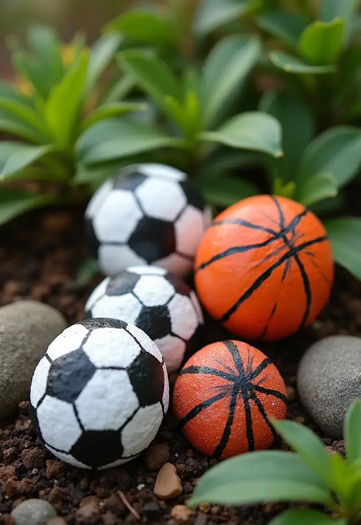 25 Rock Painting Ideas for Garden That Bring Life to Your Yard - 16. Sports-Themed Rocks