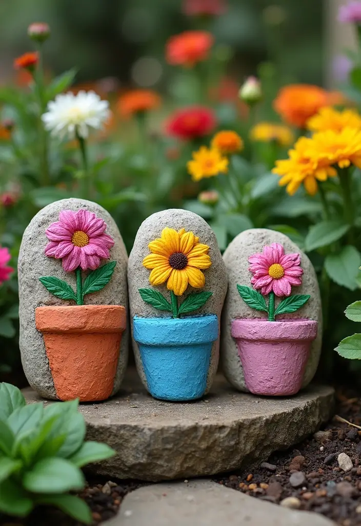 25 Rock Painting Ideas for Garden That Bring Life to Your Yard - 2. Whimsical Flowerpots