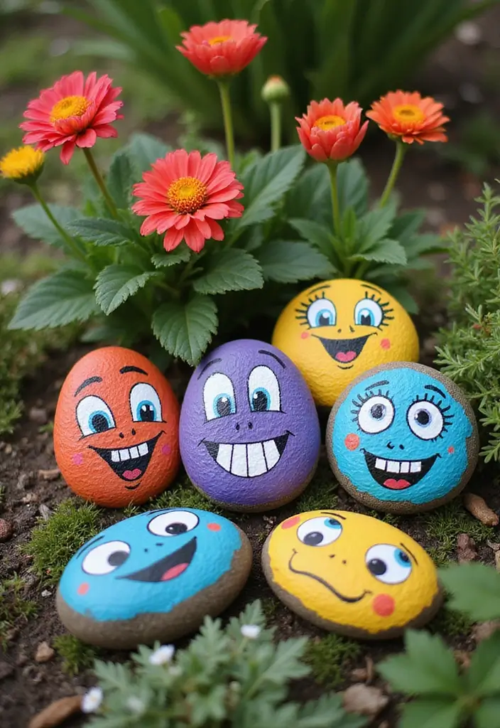 25 Rock Painting Ideas for Garden That Bring Life to Your Yard - 21. Fun Faces