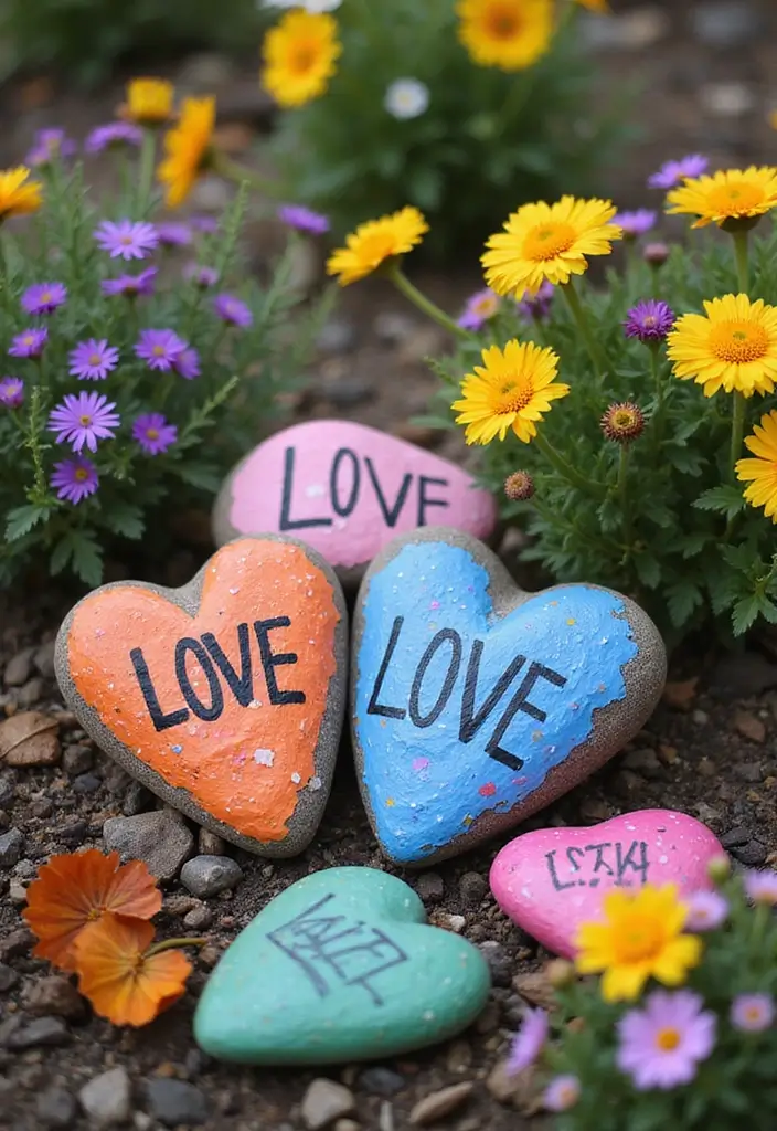 25 Rock Painting Ideas for Garden That Bring Life to Your Yard - 23. Hearts and Love