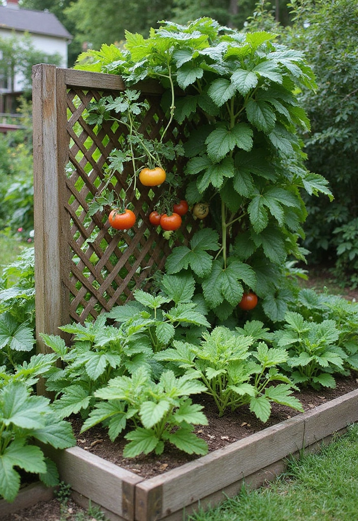 27 Raised Garden Beds Layout Design Landscaping Ideas for a Perfect Backyard - 11. Lattice-Backed Raised Beds for Climbing Plants