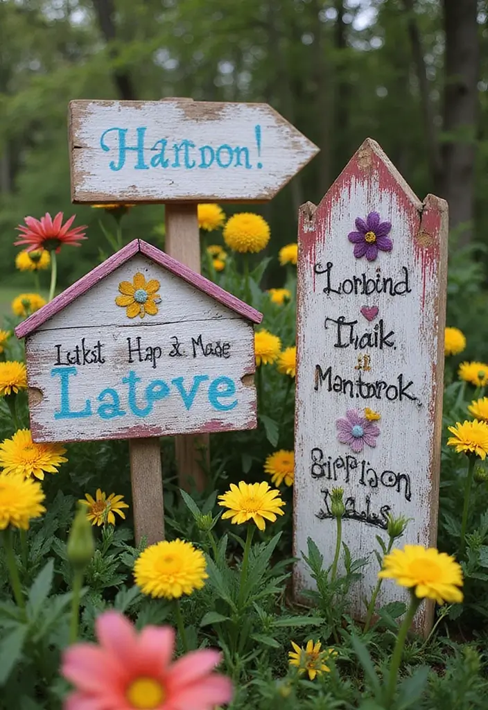 30 Easy Garden Ideas on a Budget for Every Homeowner - 24. Creative Upcycled Signs
