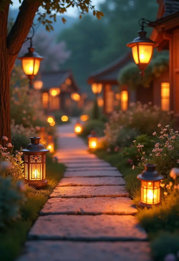 30 Grow a Garden Entrance Ideas Roblox Game Builds You’ll Love - 8. Vintage Lantern Pathway