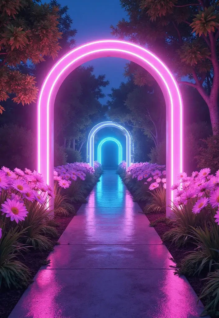 30 Grow a Garden Entrance Ideas Roblox Game Builds You’ll Love - 9. Futuristic Neon Garden