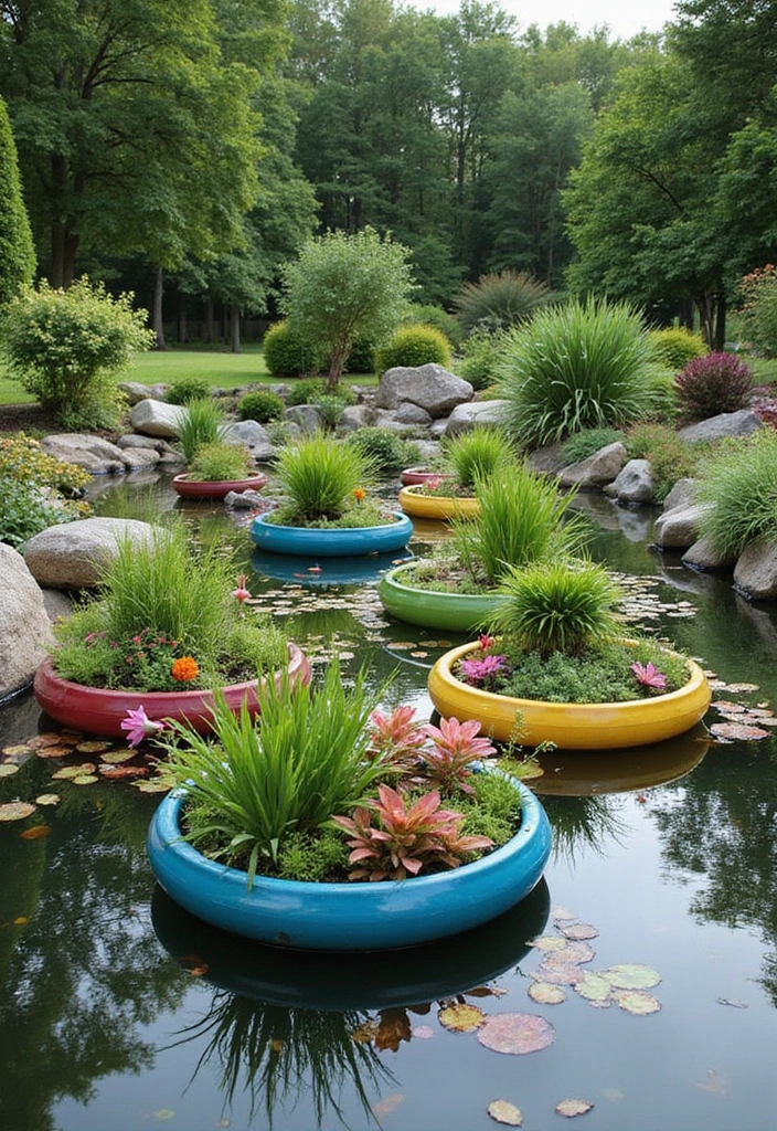 30 Mesmerizing Water Features in the Garden You’ll Want to Recreate - 6. Floating Planters in a Pond
