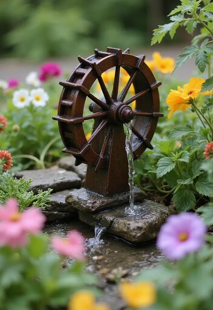 30 Mesmerizing Water Features in the Garden You’ll Want to Recreate - 8. Mini Water Wheel