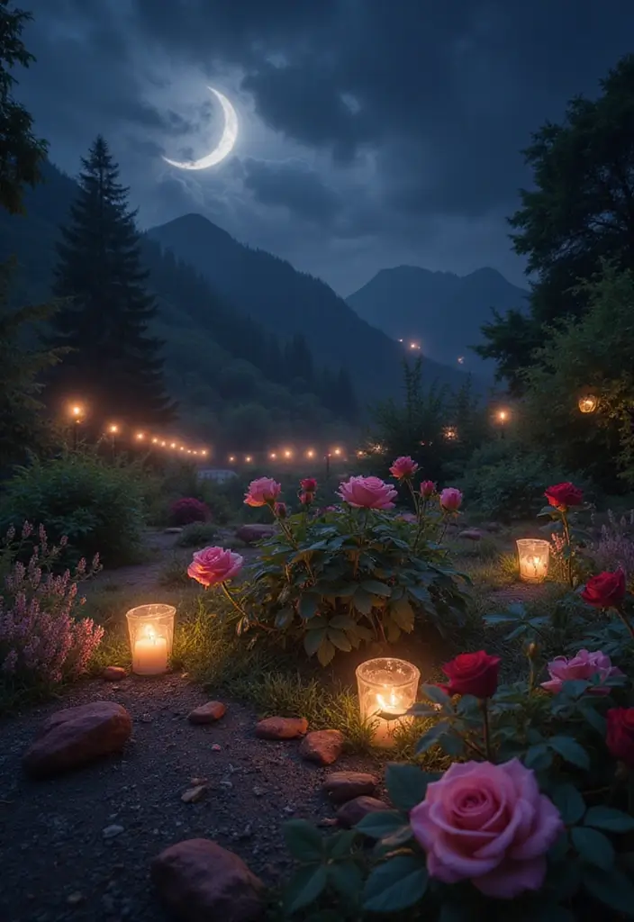 30 Rose Garden Design Layout Flower Beds for a Romantic Look - 11. Romantic Night Blooms