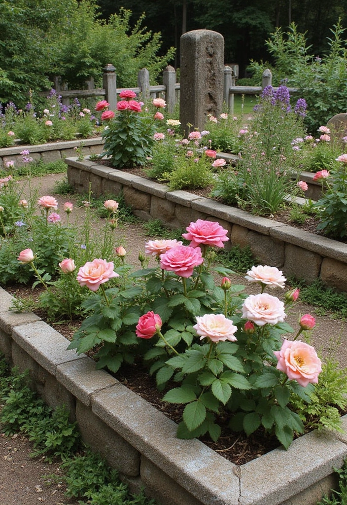 30 Rose Garden Design Layout Flower Beds for a Romantic Look - 22. Rustic Stone Rose Beds