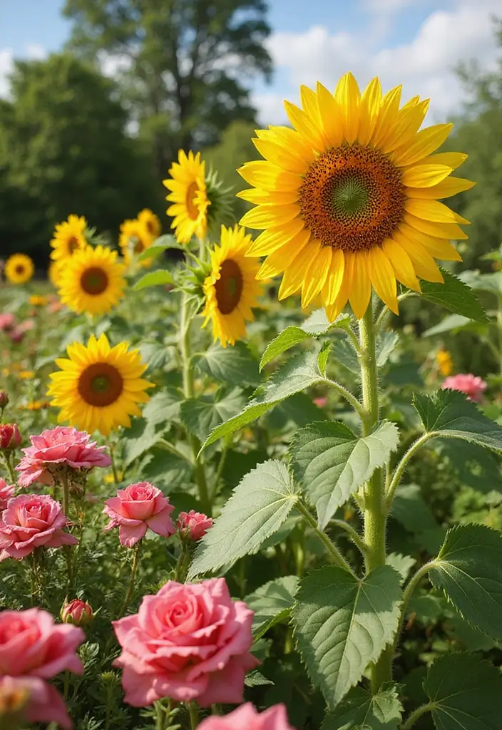 30 Rose Garden Design Layout Flower Beds for a Romantic Look - 28. Sunflower and Rose Combination