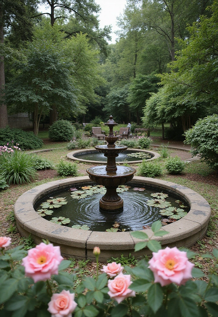 30 Rose Garden Design Layout Flower Beds for a Romantic Look - 29. Water Feature and Rose Garden