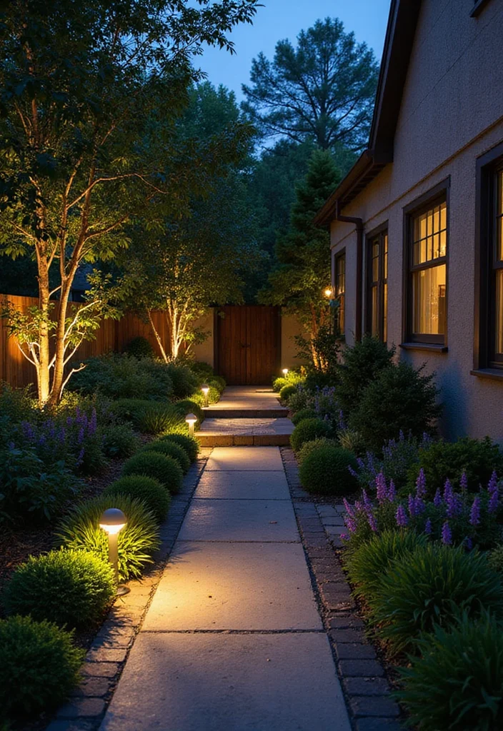 Corner Garden Ideas Landscape Design: A Creative Guide with 18 Space-Saving Inspirations - 18. Pathway Lighting: Evening Glow