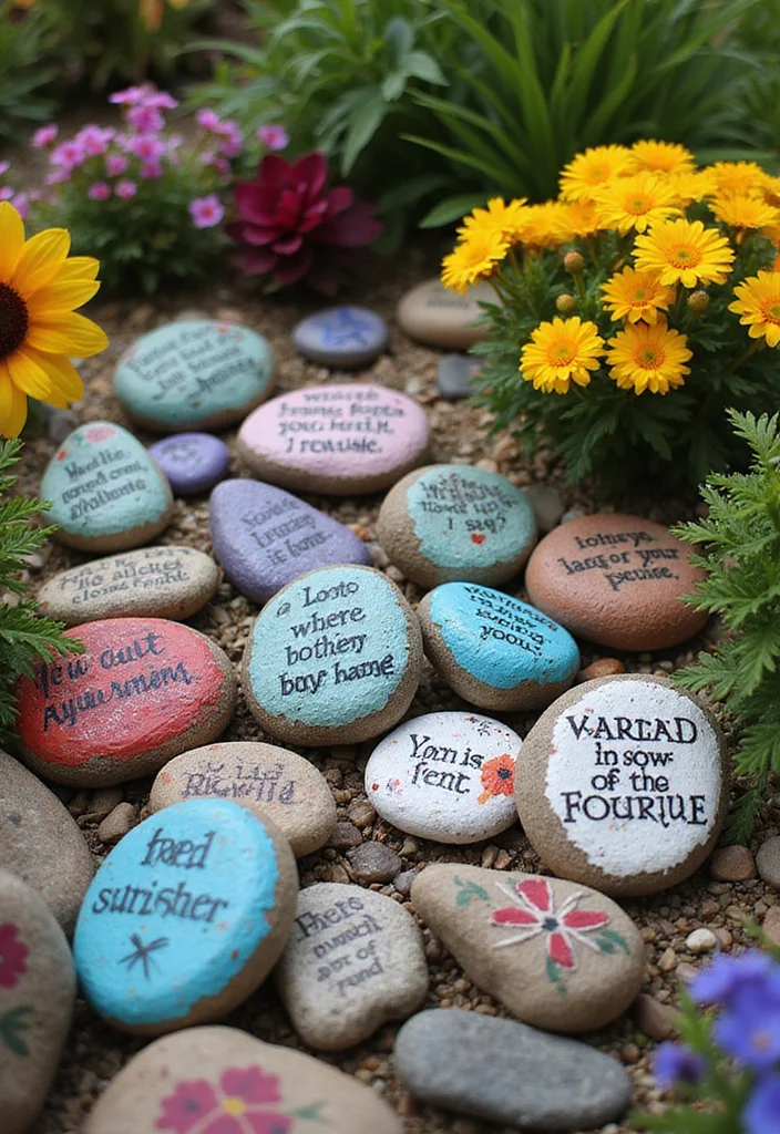 Garden Art Sculptures DIY: A Crafty Guide with 17 Creative Outdoor Art Inspirations - 12. Painted Rocks with Inspirational Quotes