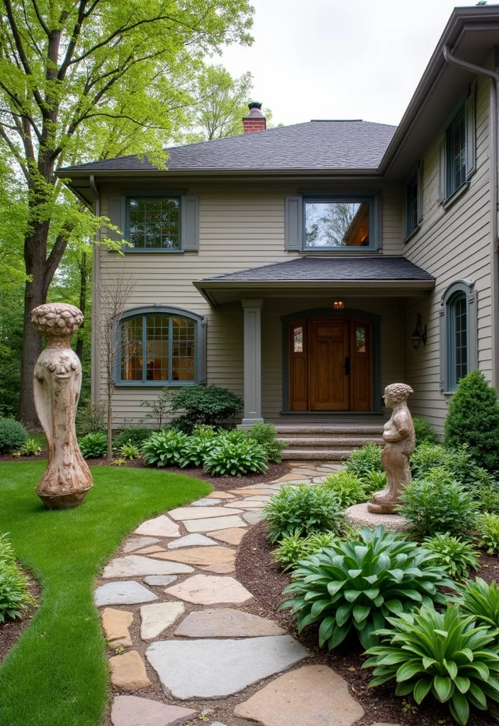 Garden Design Front of House: A Welcoming Guide with 17 Entrance-Focused Inspirations - 13. Unique Art Installations