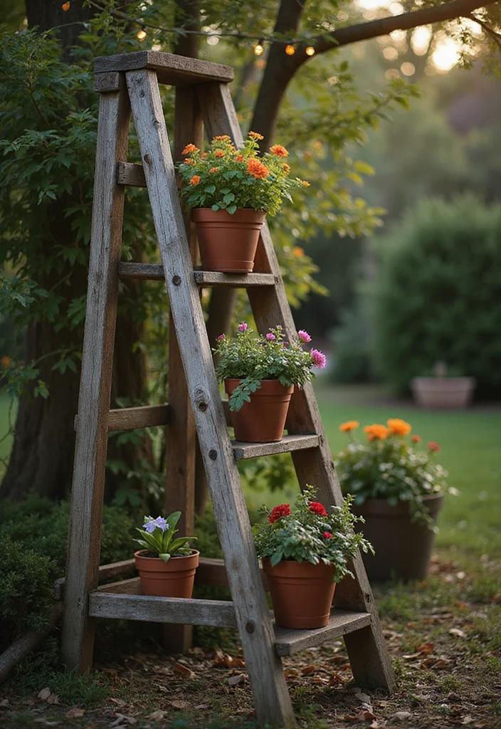 Grow a Garden Layout: A Practical Guide with 18 Easy-to-Follow Layout Inspirations - 10. Rustic Ladder Planters