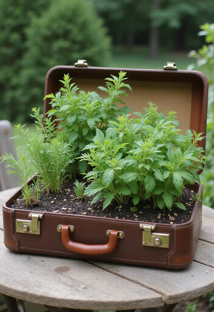 Hippie Garden Ideas Boho Decor: A Free-Spirited Guide with 18 Eclectic Styling Inspirations - 14. Vintage Suitcase Herb Garden